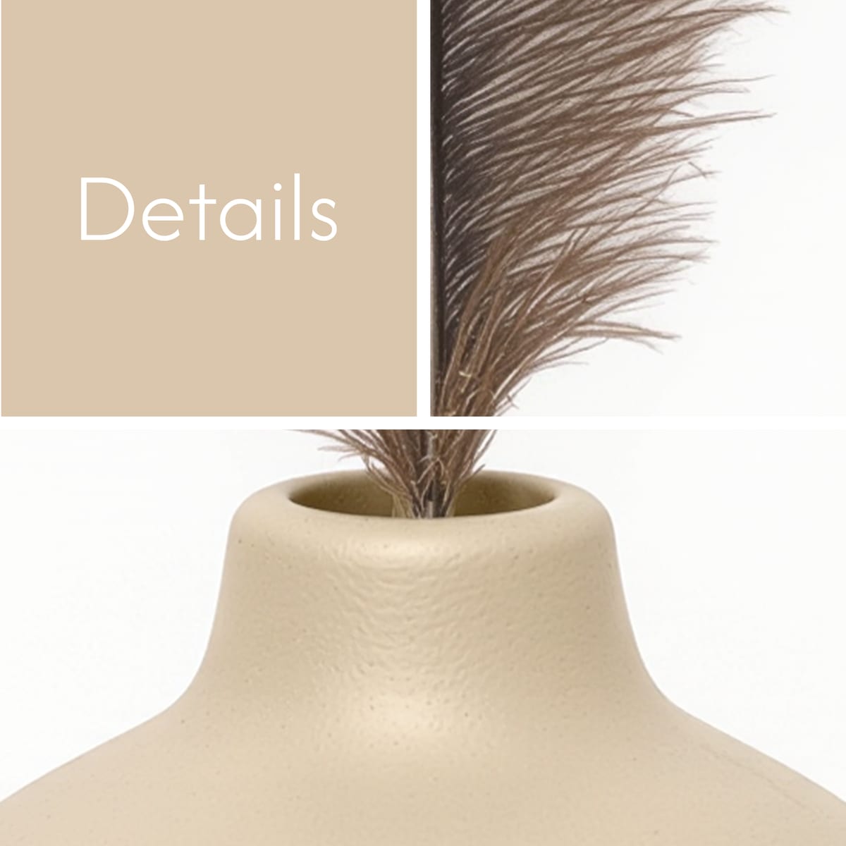 Close view of the beige vase, its textured matte glaze and the ostrich plume
