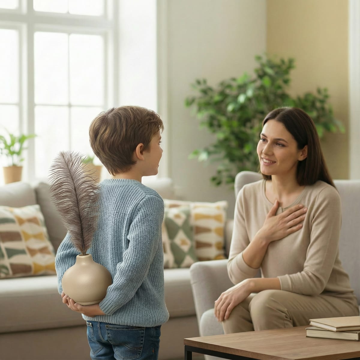 A boy holding the beige vase behind his back, about to give it to his mother