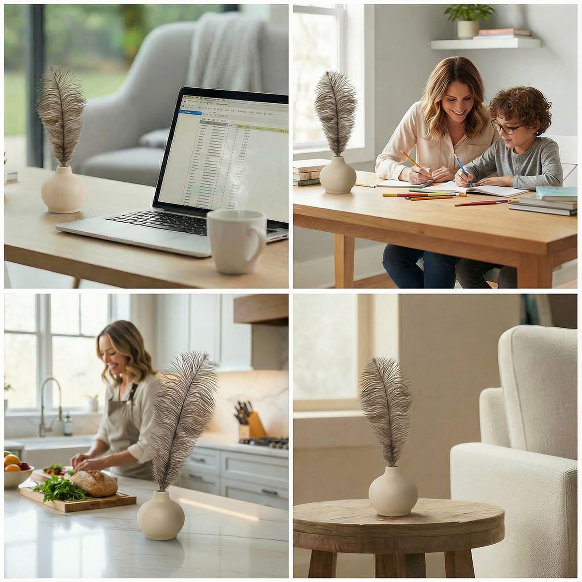 The beige vase at home: on a desk, a family table, a kitchen counter and a side table