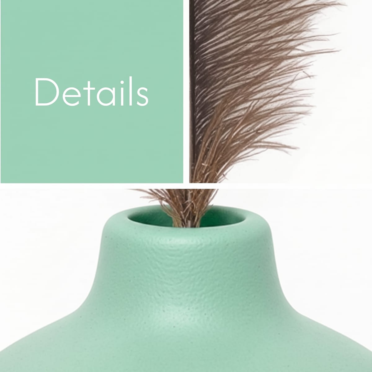 Close view of the mint green vase, its textured matte glaze and the ostrich plume