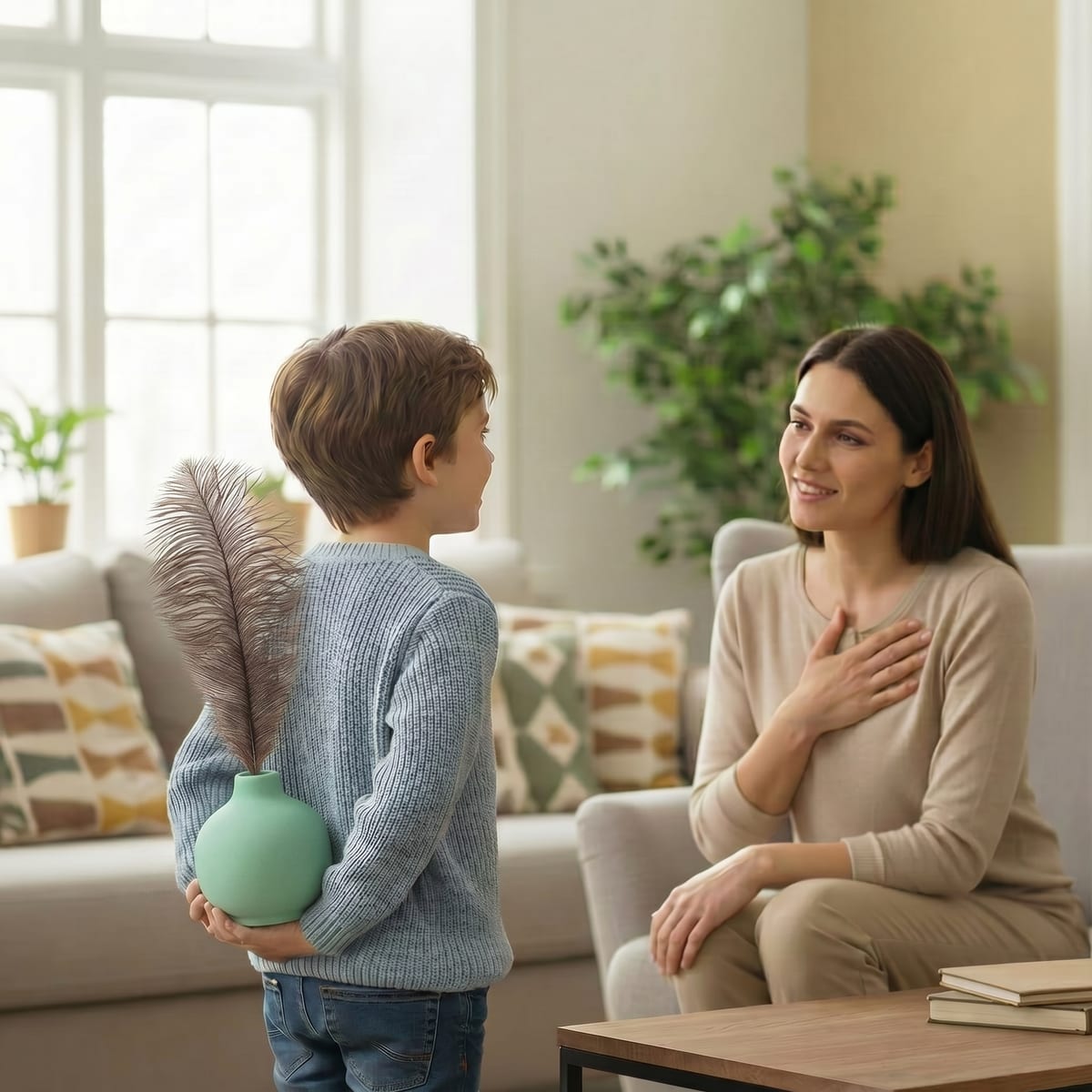 A boy holding the mint green vase behind his back, about to give it to his mother