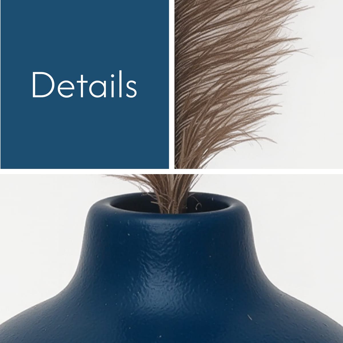 Close view of the navy blue vase, its textured matte glaze and the ostrich plume