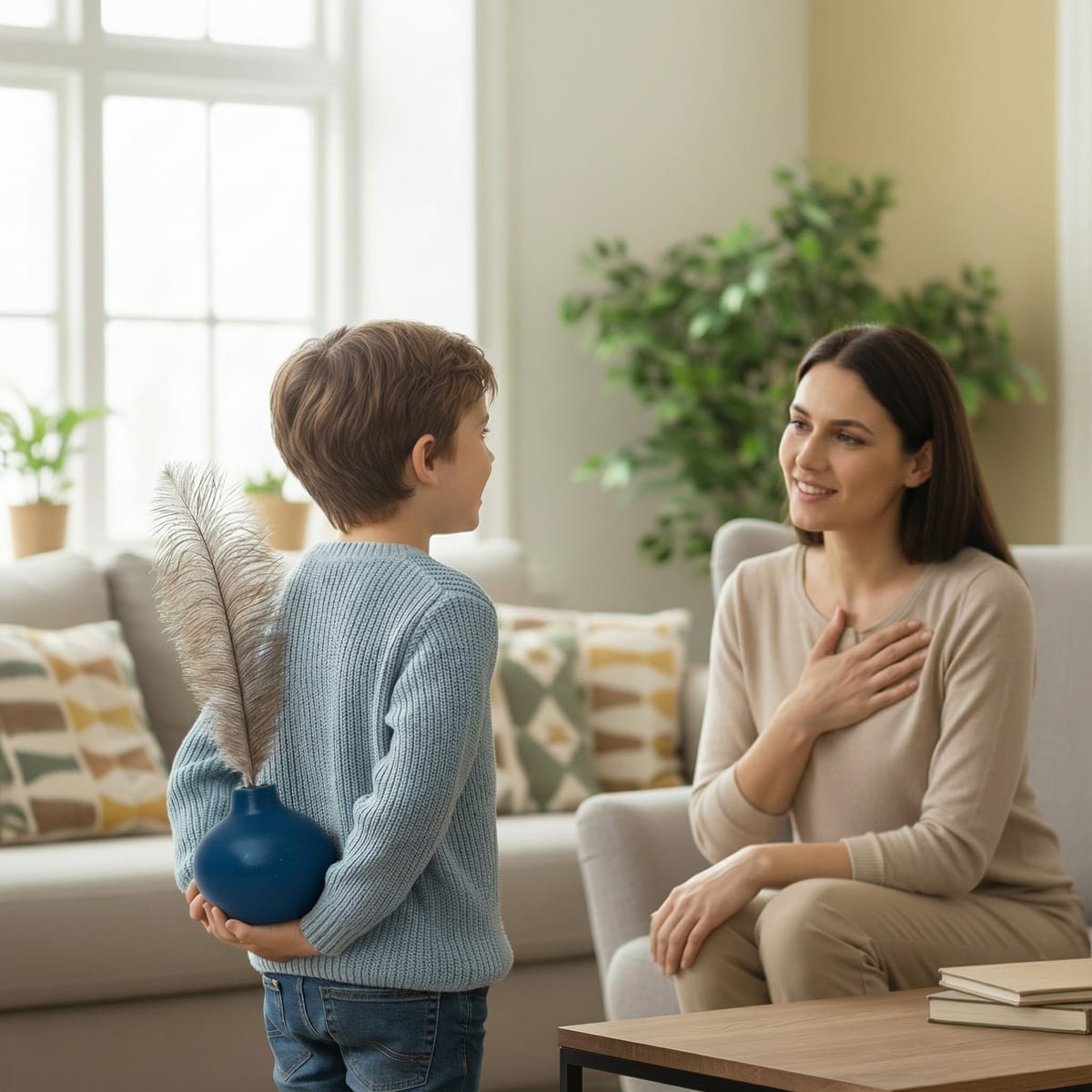 A boy holding the navy blue vase behind his back, about to give it to his mother