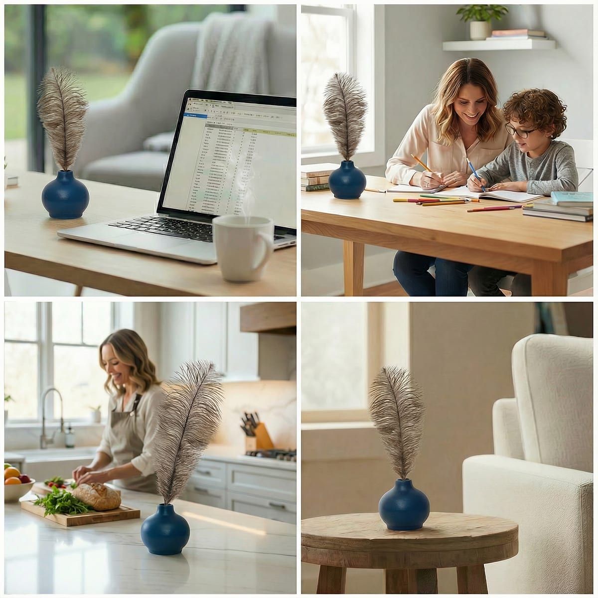 The navy blue vase at home: on a desk, a family table, a kitchen counter and a side table