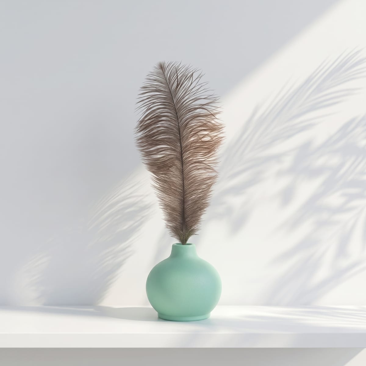 The mint green vase on a white shelf, with palm shadows across the wall behind it